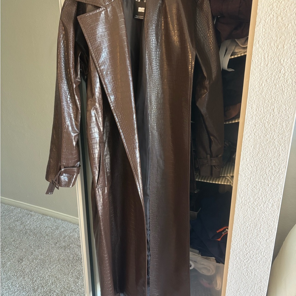 Brown Faux Leather Trench Coat